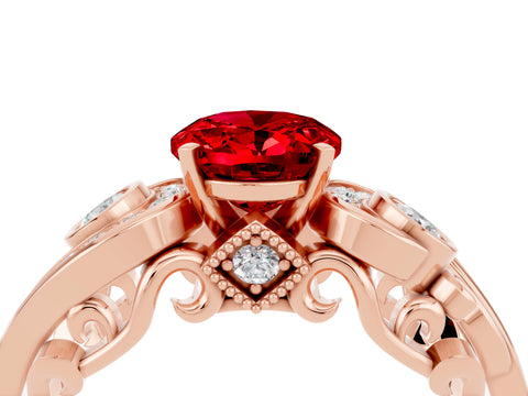 Rose gold Oval Cut Ruby Solitaire Ring with Milgrain Pavé Band and Four-Prong Setting_28