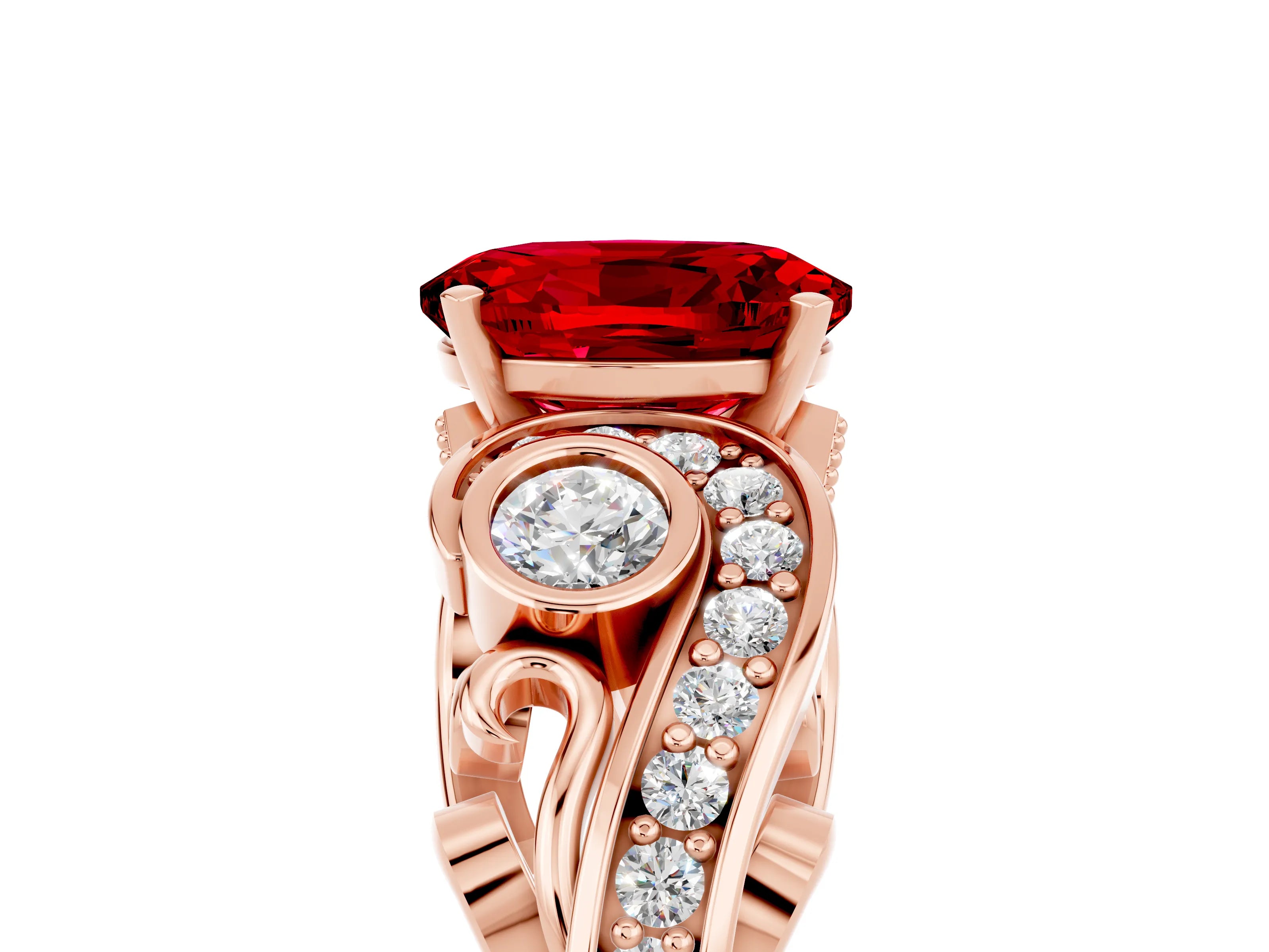 Rose gold Oval Cut Ruby Solitaire Ring with Milgrain Pavé Band and Four-Prong Setting_29