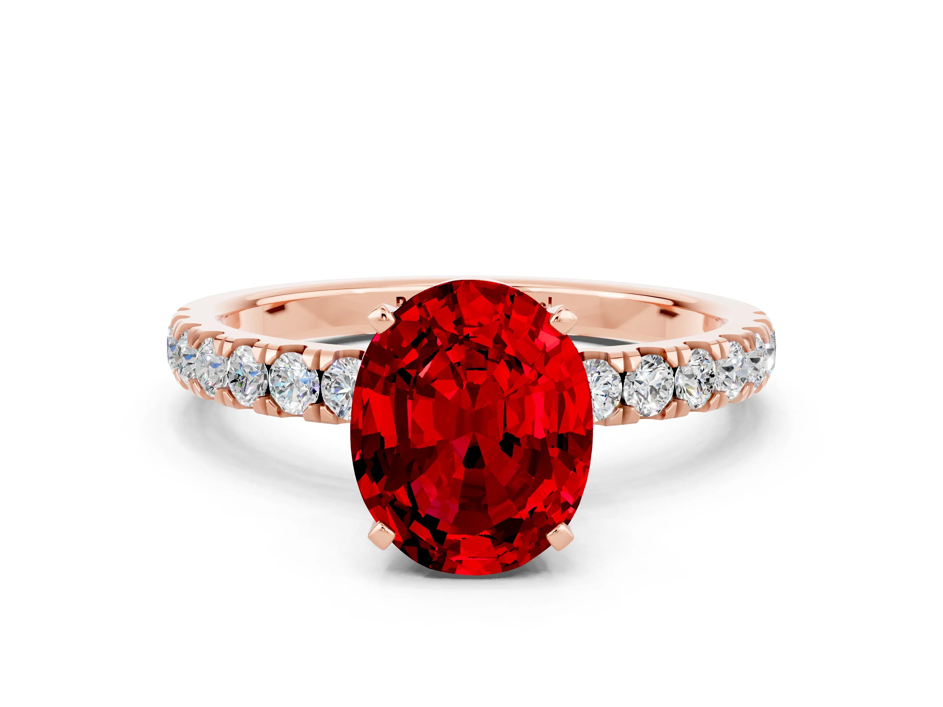 Rose gold Oval Cut Ruby Solitaire Ring with Pavé Accents and Four-Prong Setting