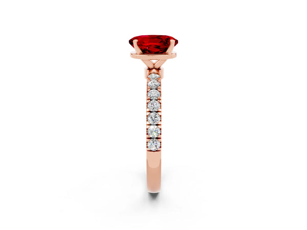 Rose gold Oval Cut Ruby Solitaire Ring with Pavé Accents and Four-Prong Setting