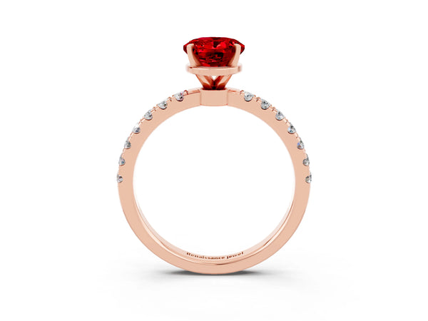 Rose gold Oval Cut Ruby Solitaire Ring with Pavé Accents and Four-Prong Setting