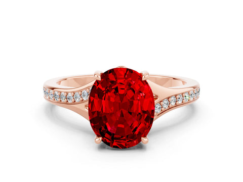Rose gold Oval Cut Ruby Solitaire Ring with Pavé Band and Prong Setting_12