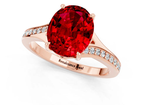 Rose gold Oval Cut Ruby Solitaire Ring with Pavé Band and Prong Setting_13