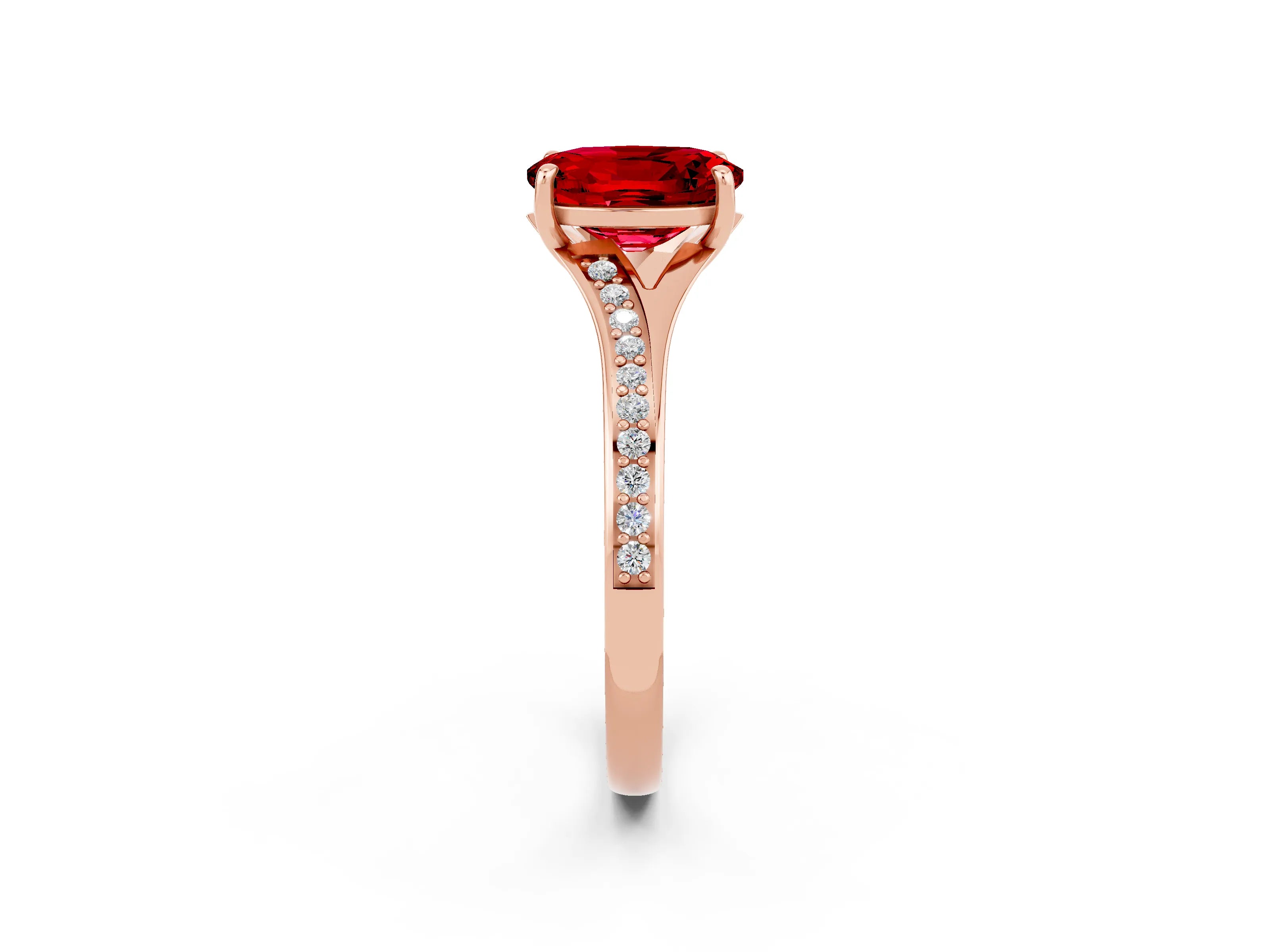Rose gold Oval Cut Ruby Solitaire Ring with Pavé Band and Prong Setting_14