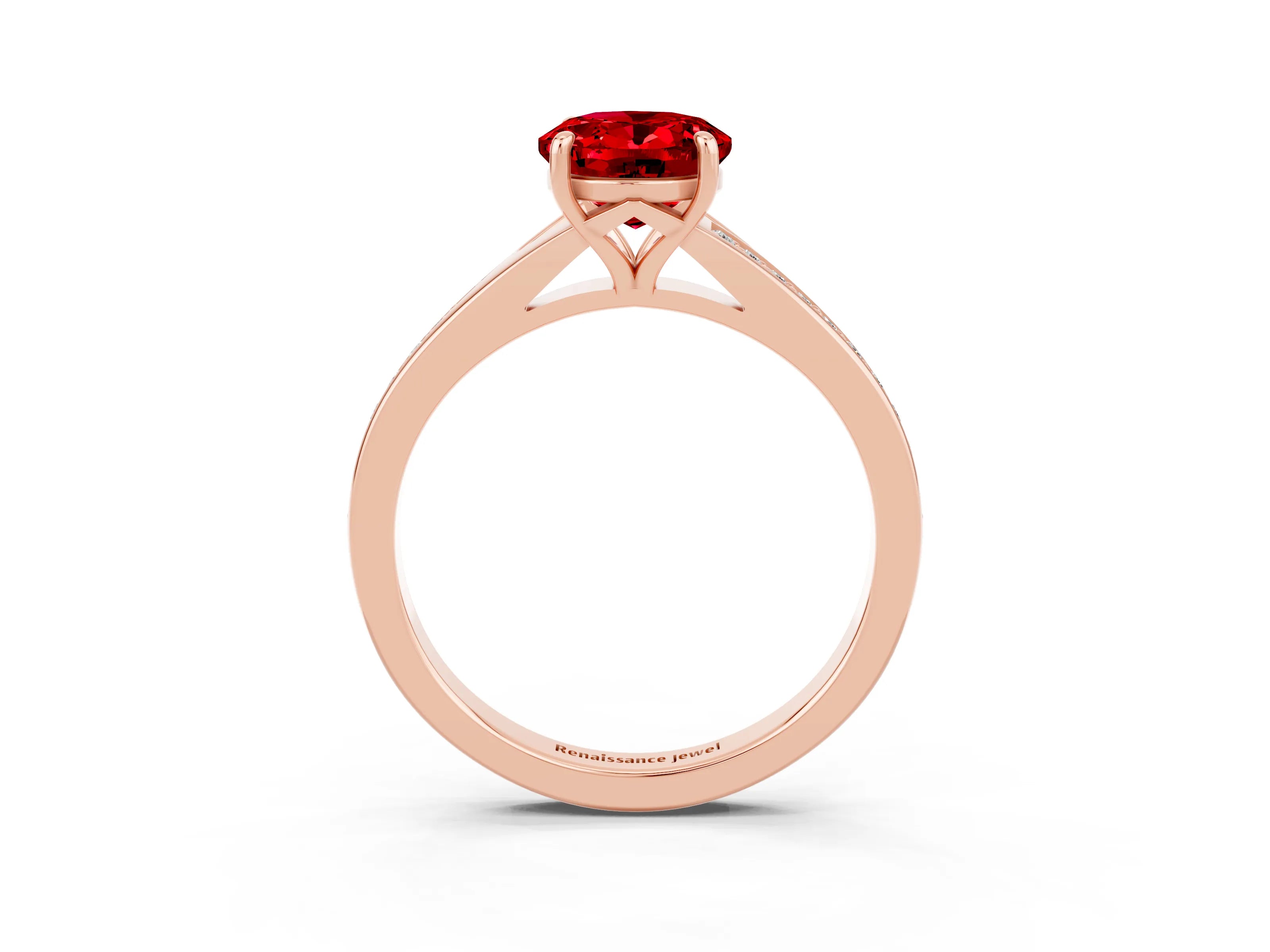 Rose gold Oval Cut Ruby Solitaire Ring with Pavé Band and Prong Setting_15