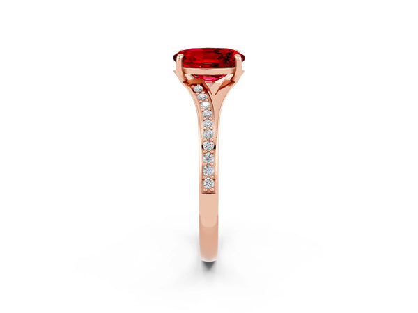 Rose gold Oval Cut Ruby Solitaire Ring with Pavé Band and Prong Setting