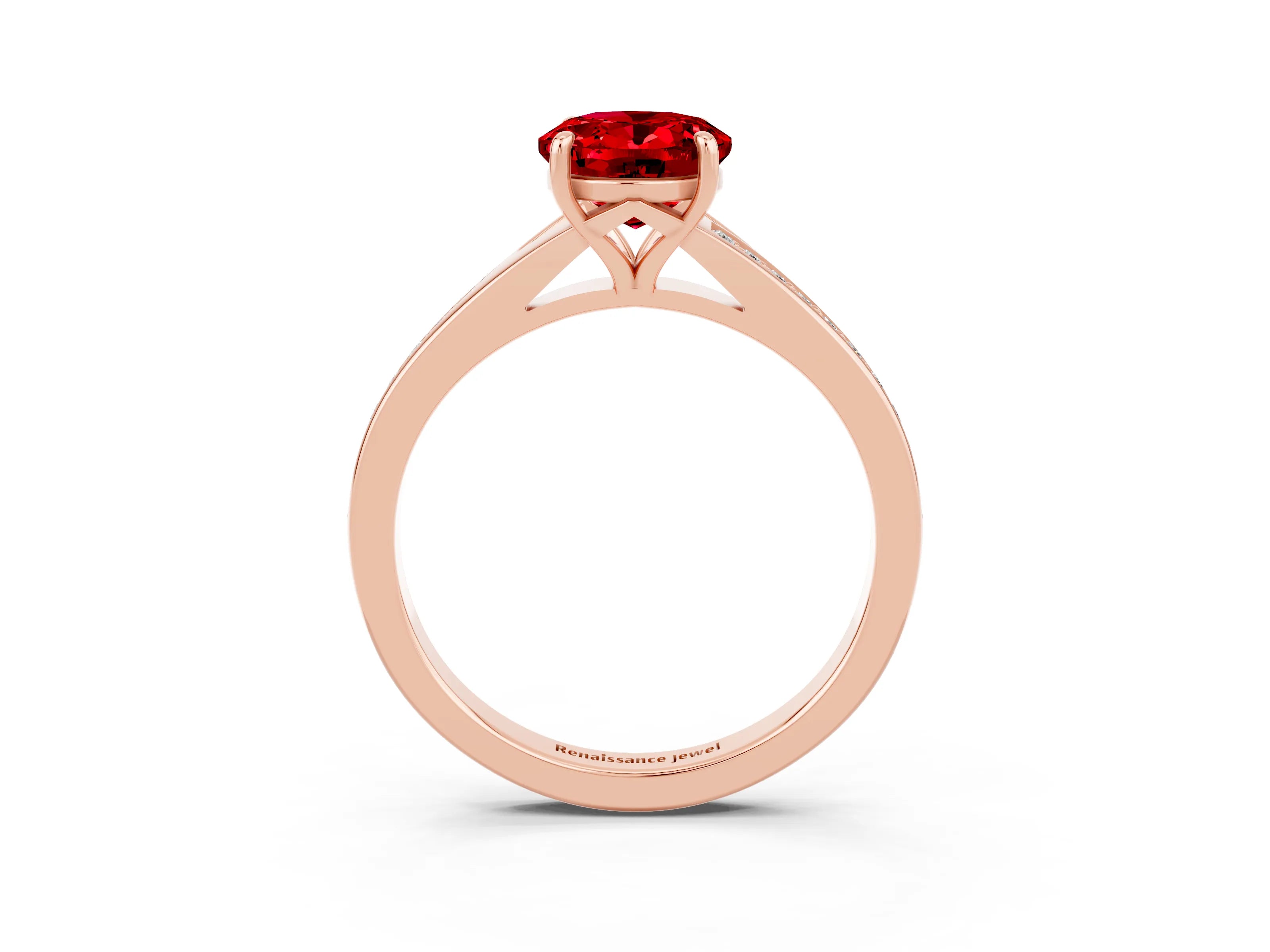 Rose gold Oval Cut Ruby Solitaire Ring with Pavé Band and Prong Setting_3