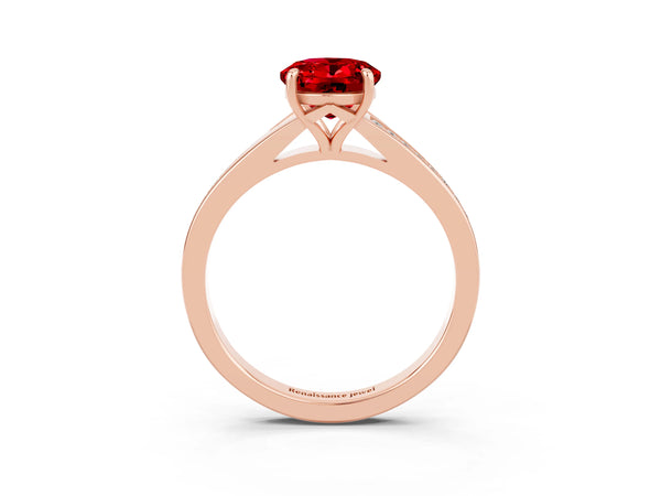 Rose gold Oval Cut Ruby Solitaire Ring with Pavé Band and Prong Setting