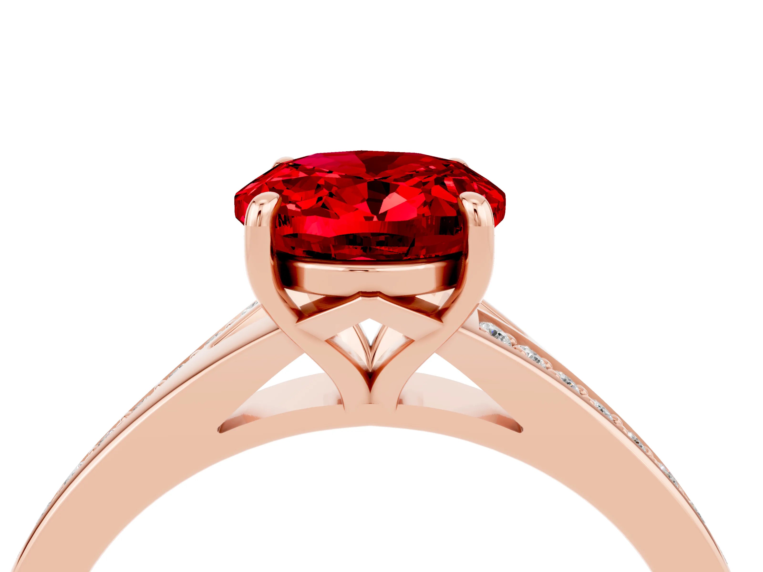 Rose gold Oval Cut Ruby Solitaire Ring with Pavé Band and Prong Setting_4