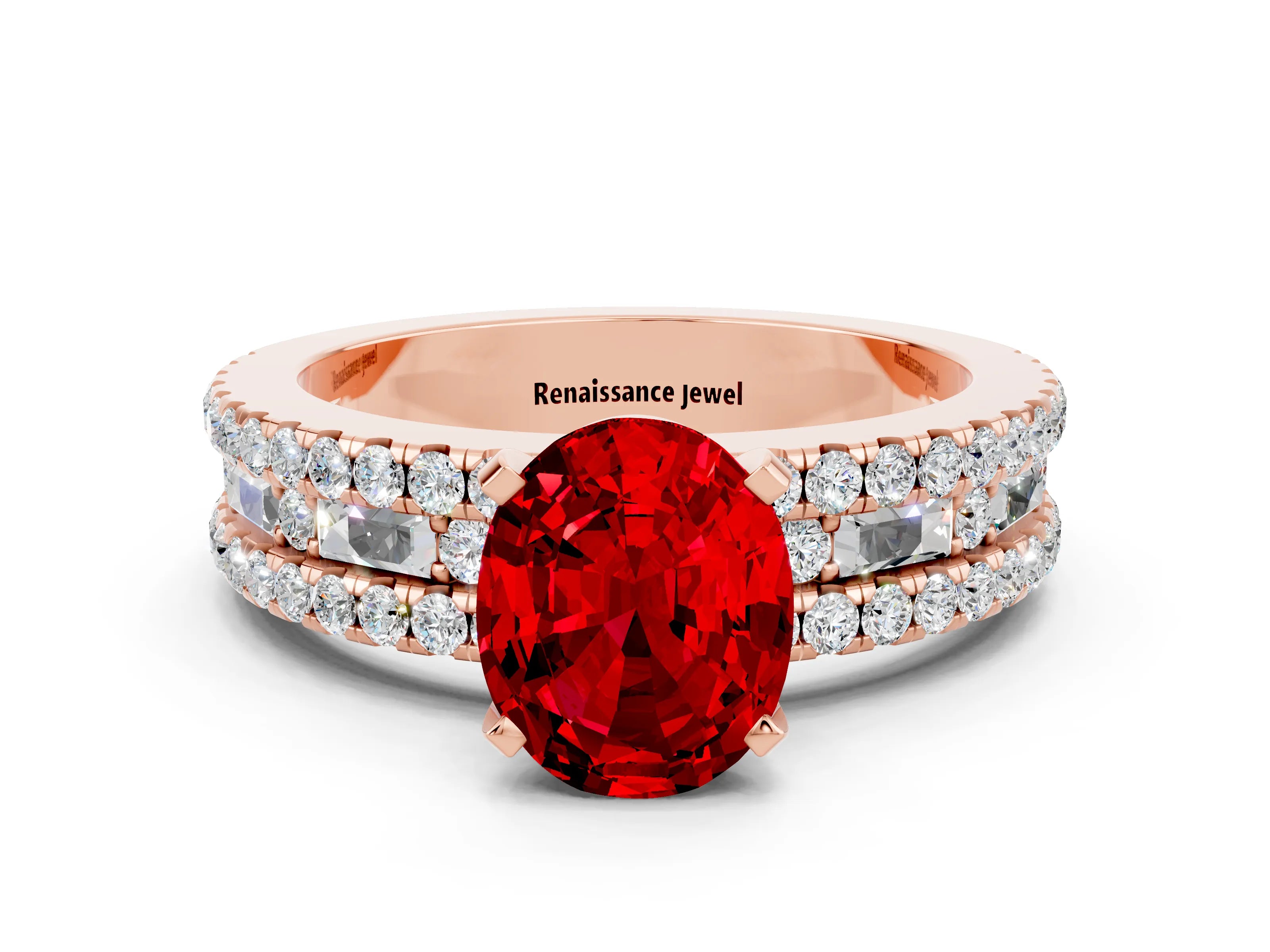 Rose gold Oval Cut Ruby Solitaire Ring with Pavé and Channel Set Band