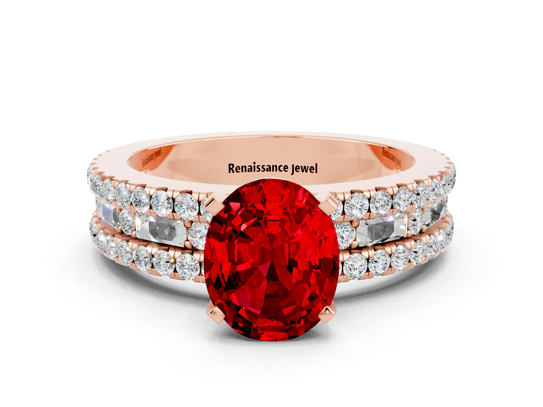Rose gold Oval Cut Ruby Solitaire Ring with Pavé and Channel Set Band