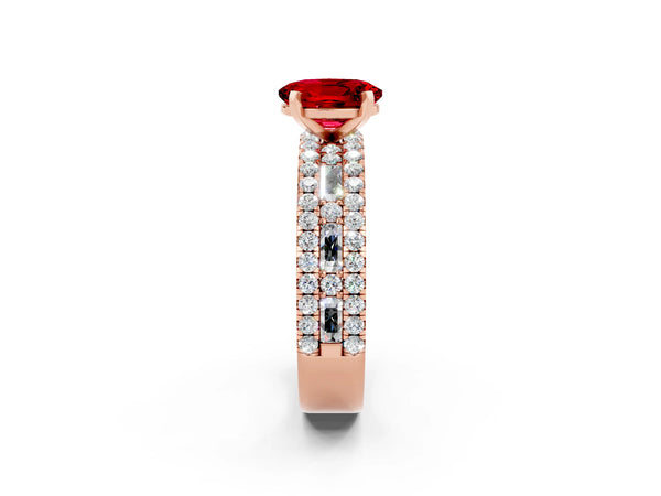Rose gold Oval Cut Ruby Solitaire Ring with Pavé and Channel Set Band