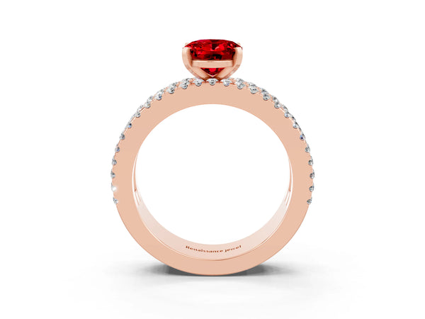 Rose gold Oval Cut Ruby Solitaire Ring with Pavé and Channel Set Band