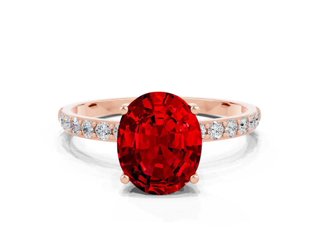 Rose gold Oval Cut Ruby Solitaire Ring with Pave Band and Four Prong Setting_24