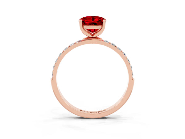 Rose gold Oval Cut Ruby Solitaire Ring with Round  Pavé Band and Prong Setting