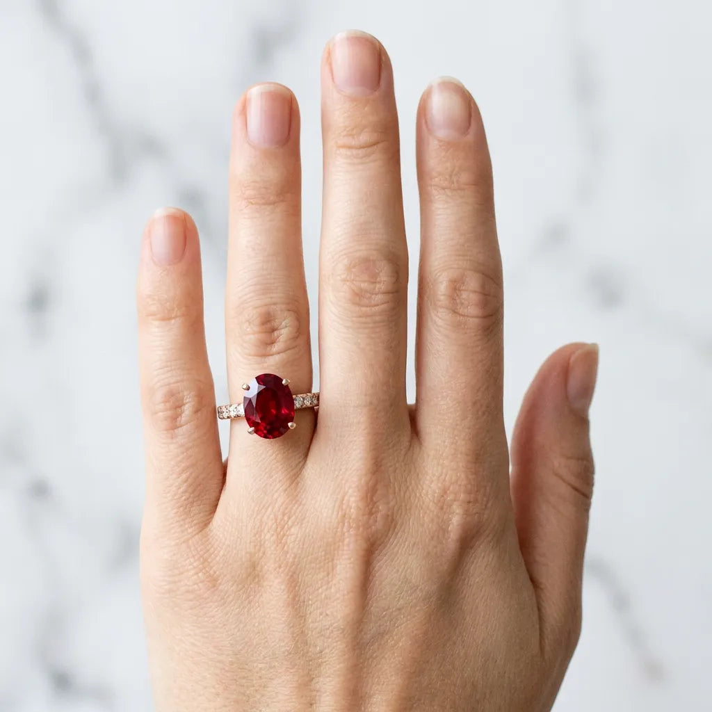 Rose gold Oval Cut Ruby Solitaire Ring with Round  Pavé Band and Four-Prong Setting_42