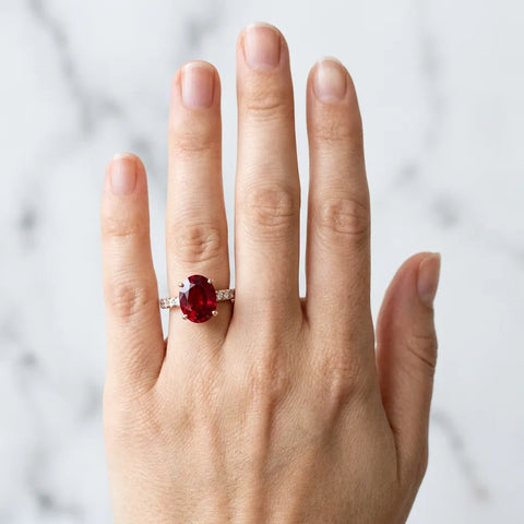 Rose gold Oval Cut Ruby Solitaire Ring with Round  Pavé Band and Four-Prong Setting_42