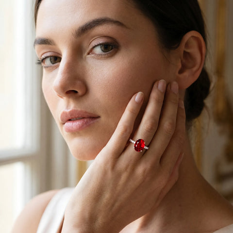 Rose gold Oval Cut Ruby Solitaire Ring with Round  Pavé Band and Four-Prong Setting_43