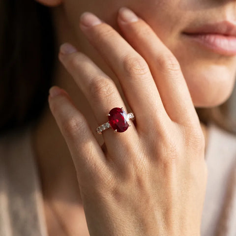 Rose gold Oval Cut Ruby Solitaire Ring with Round  Pavé Band and Four-Prong Setting_44