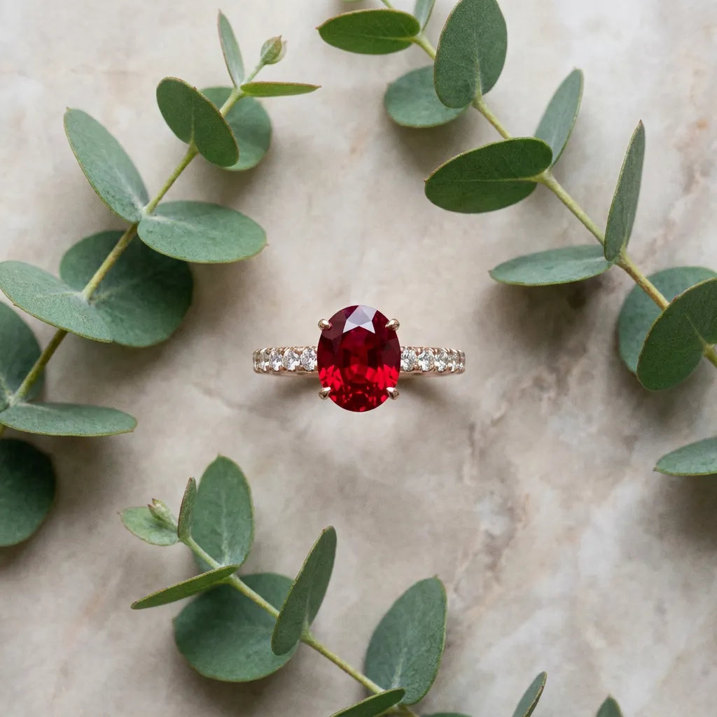 Rose gold Oval Cut Ruby Solitaire Ring with Round  Pavé Band and Four-Prong Setting_45