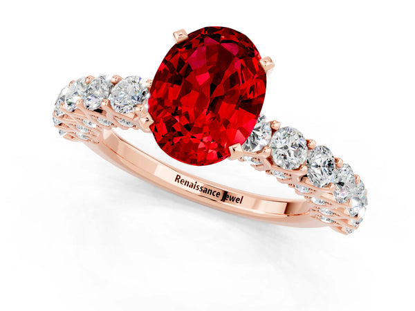 Rose gold Oval Cut Ruby Solitaire Ring with Shared Prong Pavé Band and Four-Prong Setting