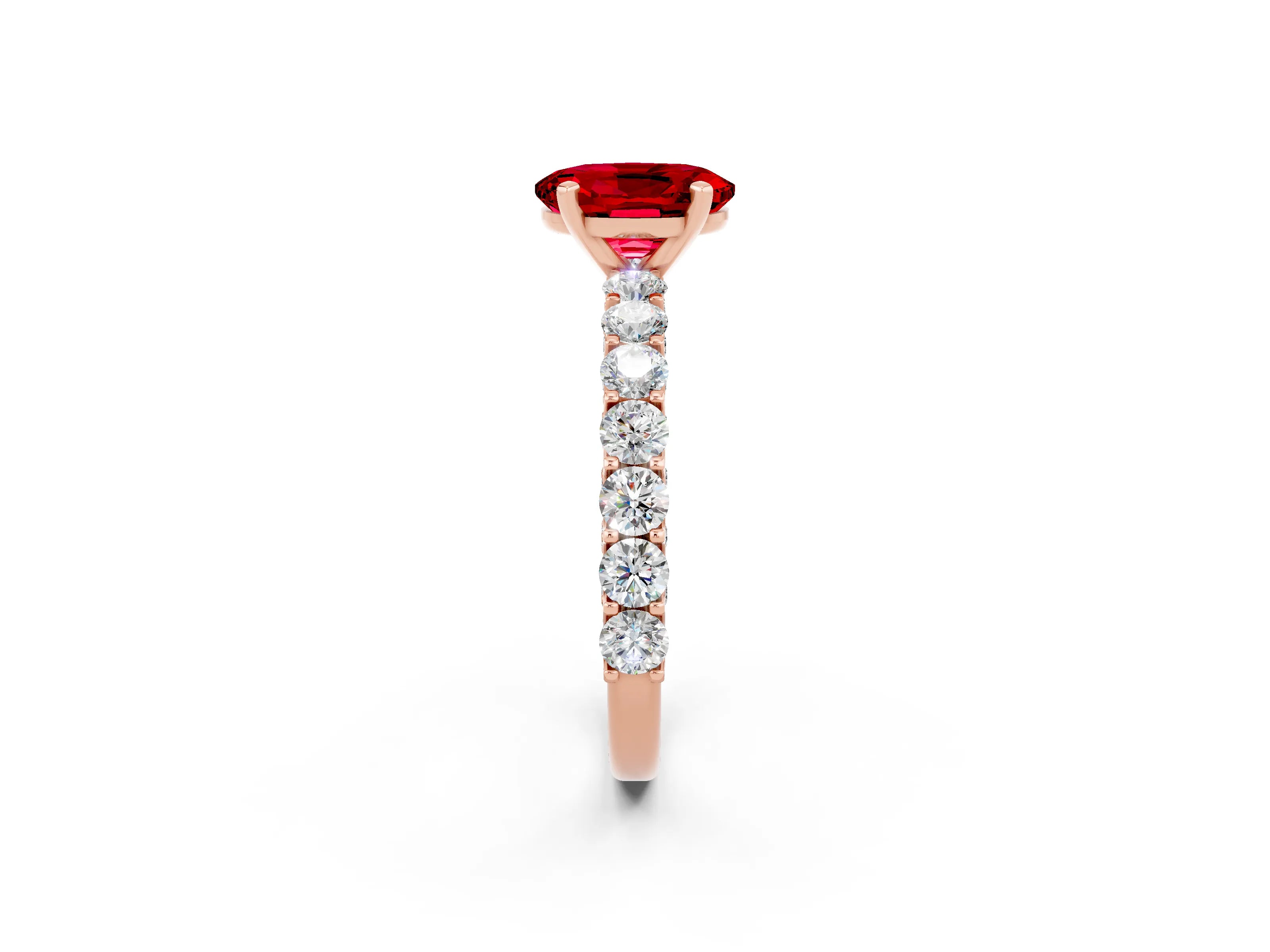 Rose gold Oval Cut Ruby Solitaire Ring with Shared Prong Pavé Band and Four-Prong Setting_2