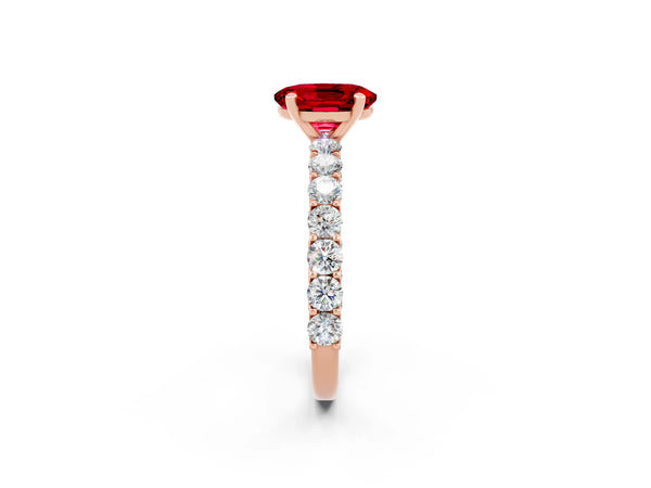 Rose gold Oval Cut Ruby Solitaire Ring with Shared Prong Pavé Band and Four-Prong Setting