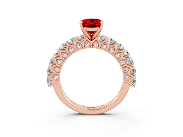 Rose gold Oval Cut Ruby Solitaire Ring with Shared Prong Pavé Band and Four-Prong Setting