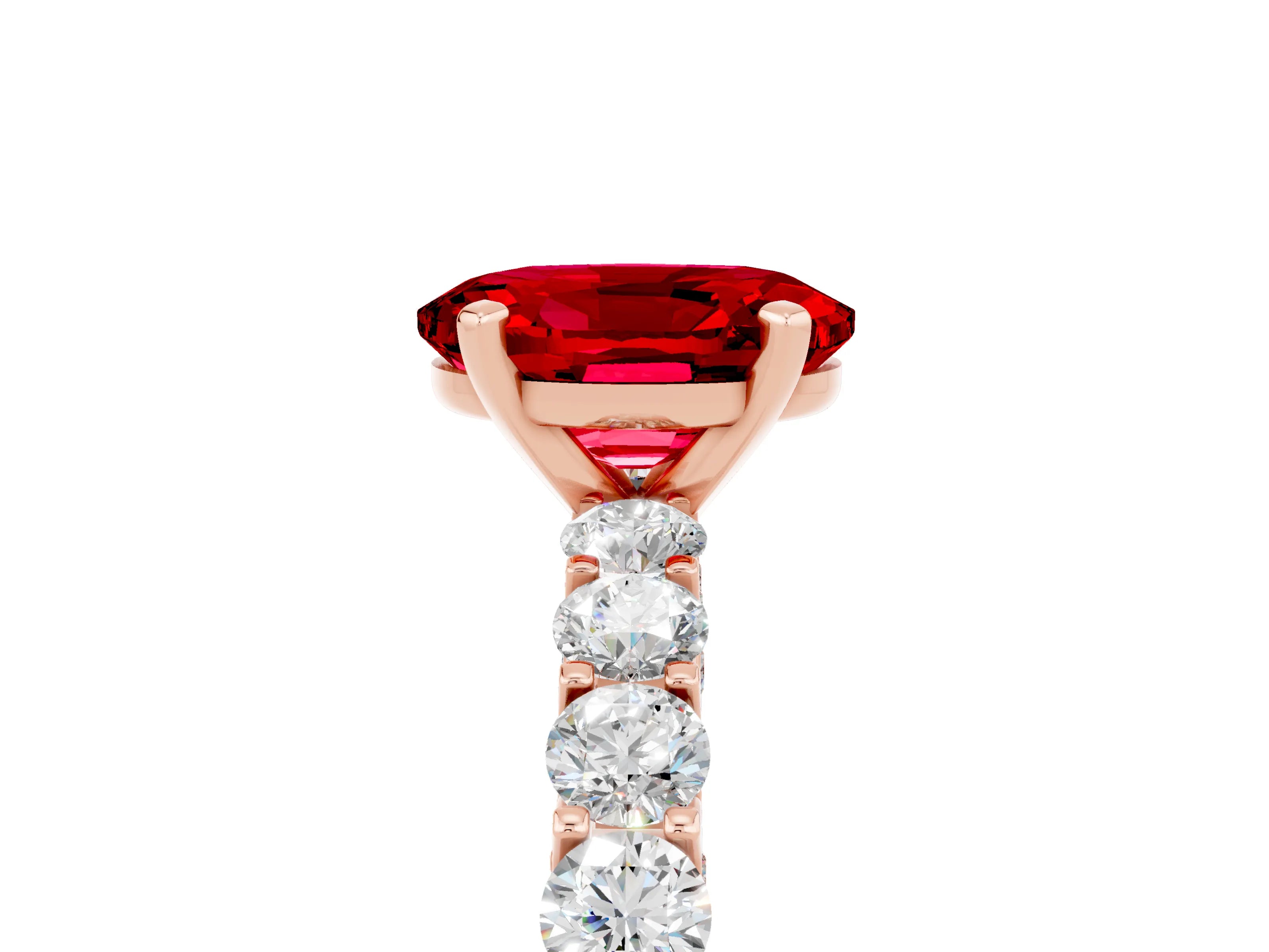 Rose gold Oval Cut Ruby Solitaire Ring with Shared Prong Pavé Band and Four-Prong Setting_5