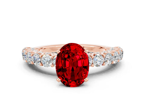 Rose gold Oval Cut Ruby Solitaire Ring with Shared Prong Pavé Band and Four-Prong Setting