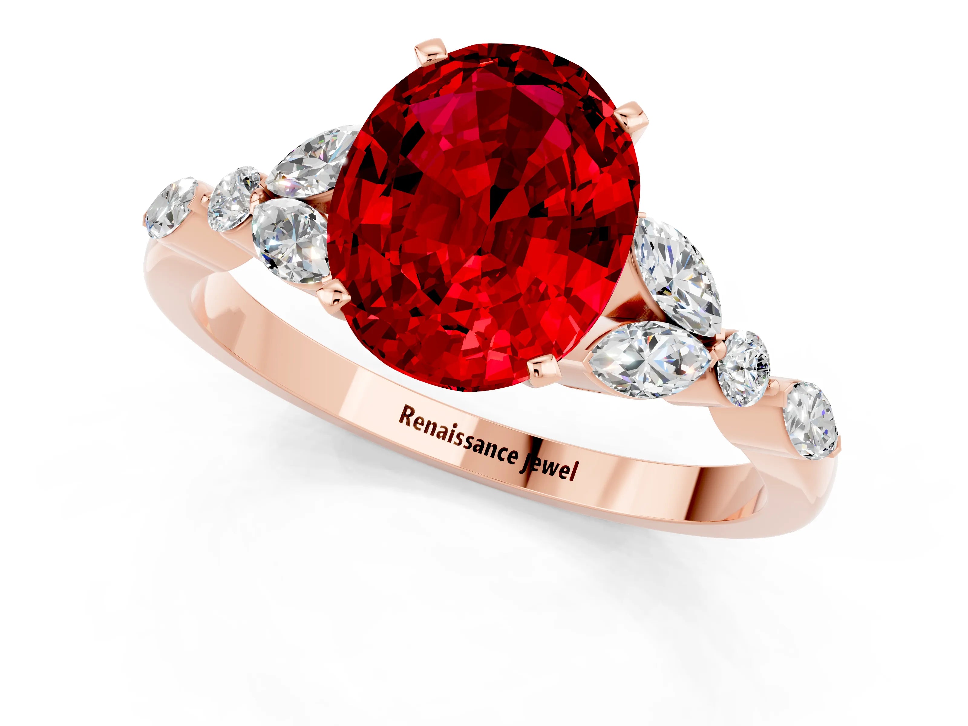 Rose gold Oval Cut Ruby Solitaire Ring with Side Stones and Four-Prong Setting_13