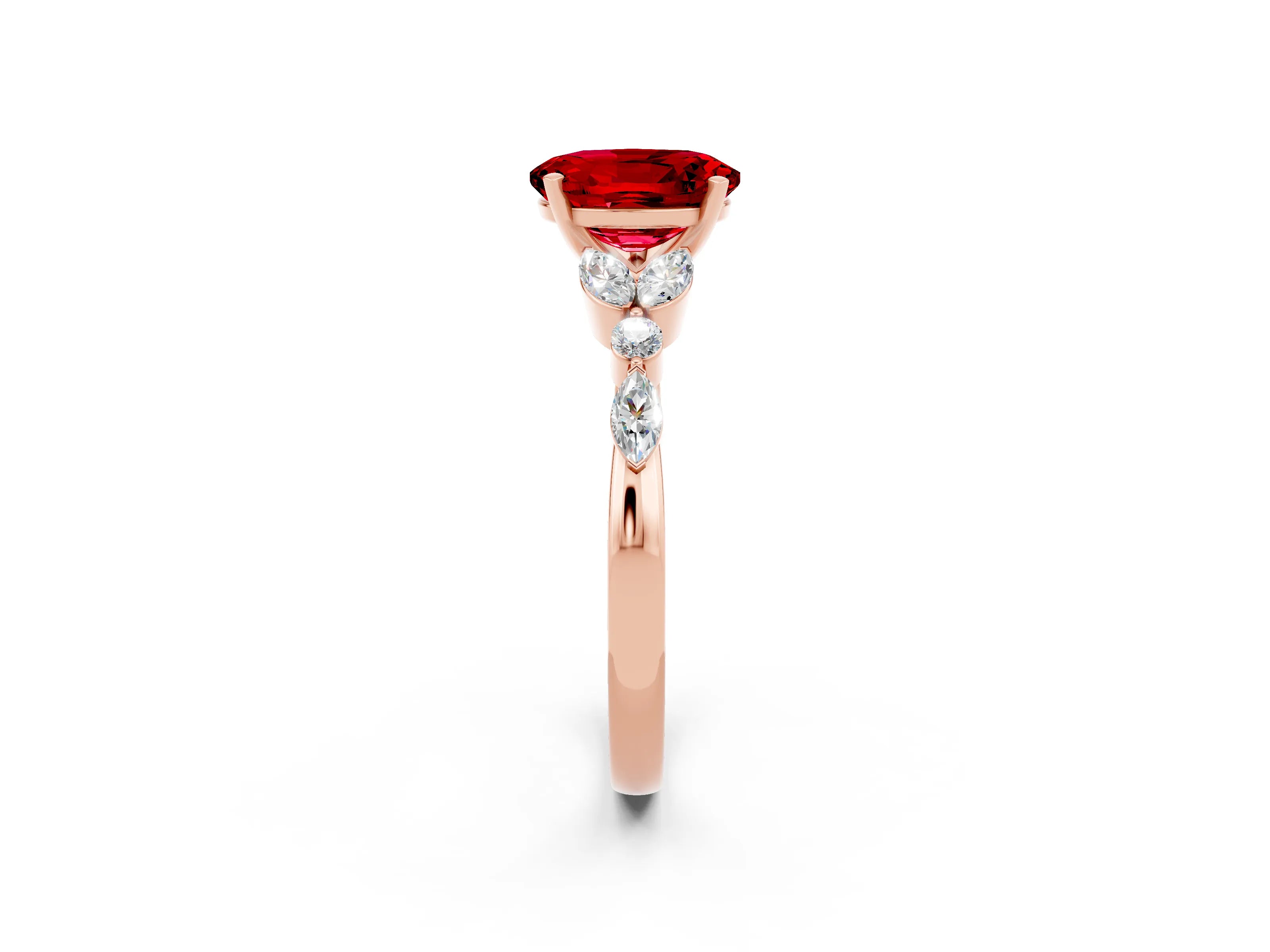 Rose gold Oval Cut Ruby Solitaire Ring with Side Stones and Four-Prong Setting_14