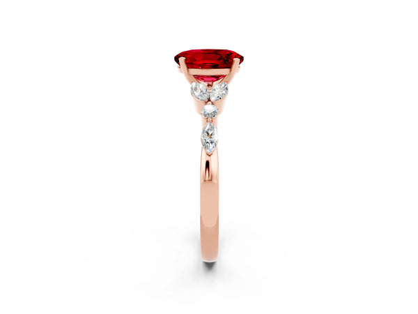 Rose gold Oval Cut Ruby Solitaire Ring with Side Stones and Four-Prong Setting