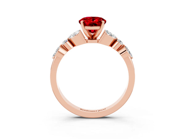 Rose gold Oval Cut Ruby Solitaire Ring with Side Stones and Four-Prong Setting