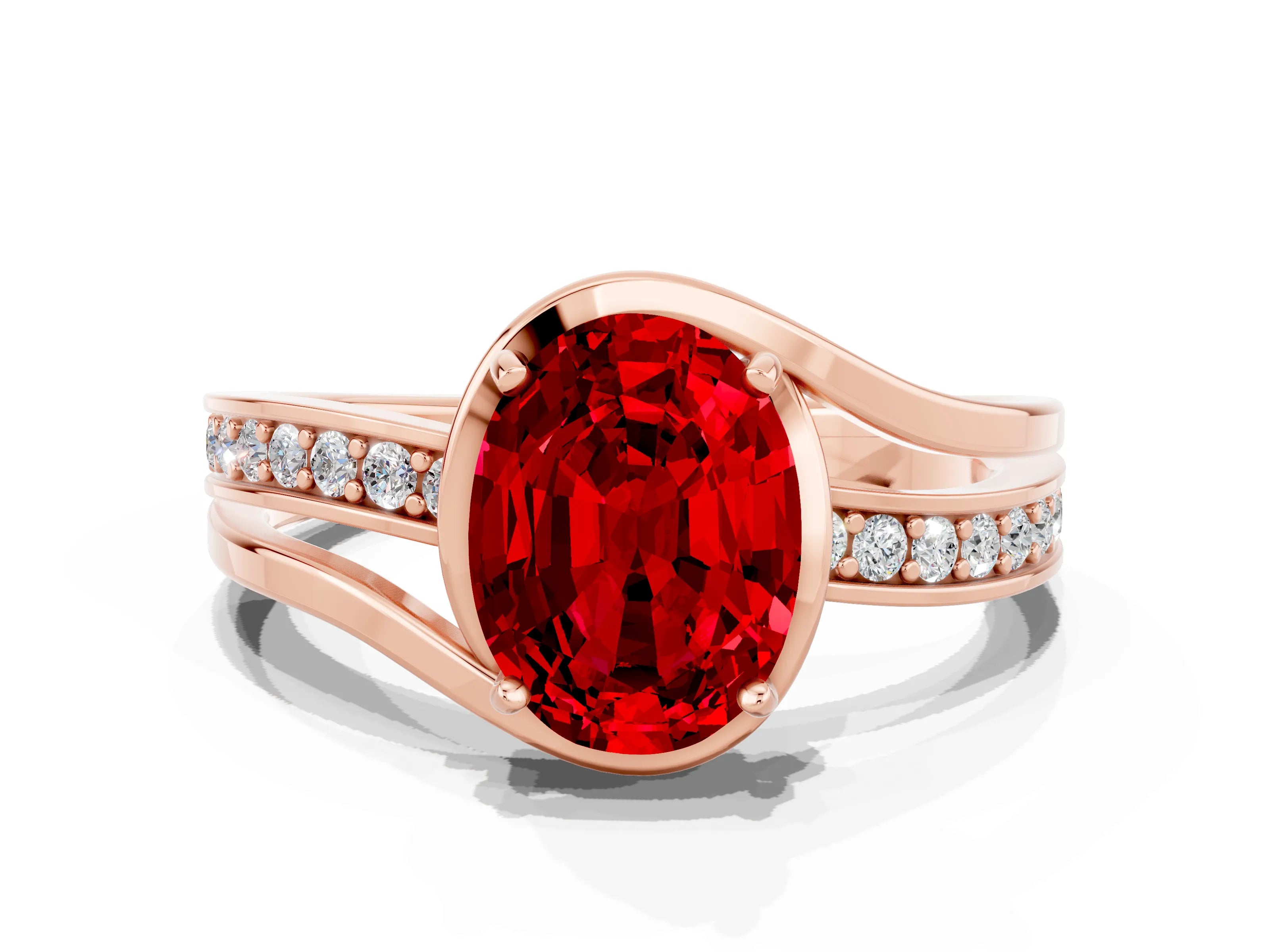 Rose gold Oval Cut Ruby Solitaire Ring with Split Shank and Prong Setting
