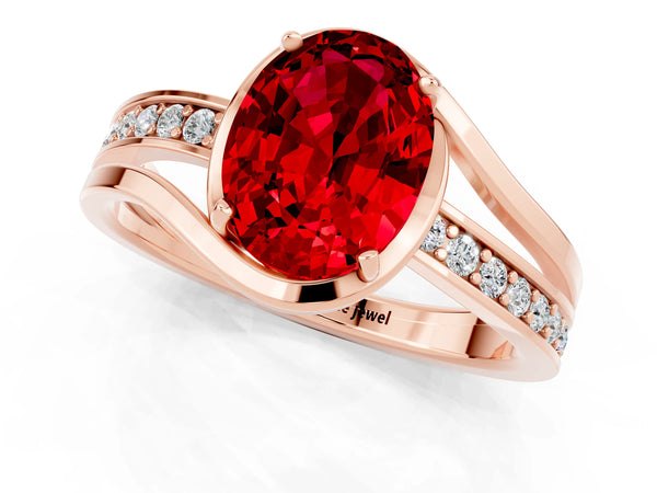 Rose gold Oval Cut Ruby Solitaire Ring with Split Shank and Prong Setting