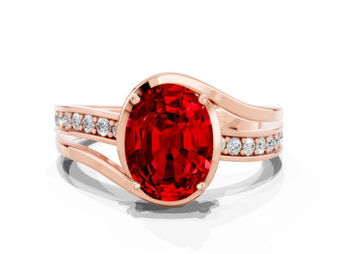 Rose gold Oval Cut Ruby Solitaire Ring with Split Shank and Prong Setting