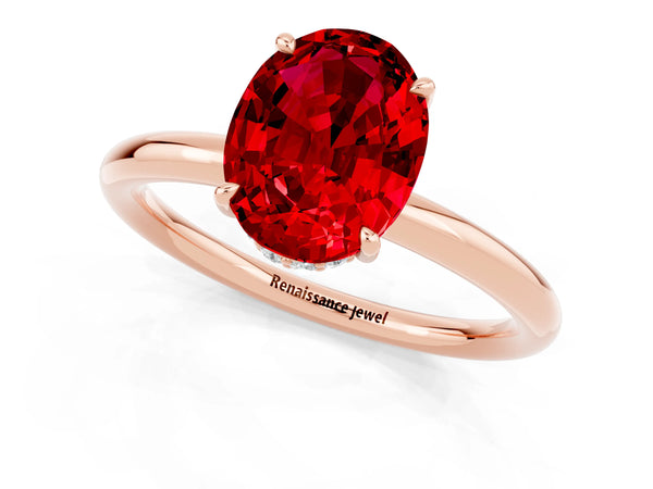 Rose gold Oval Cut Ruby Solitaire Ring with Thin Band and Four-Prong Setting