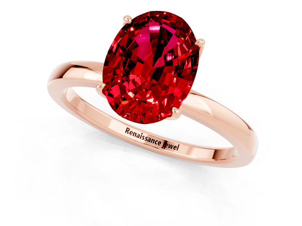 Rose gold Oval Cut Ruby Solitaire Ring with Thin Band and Prong Setting