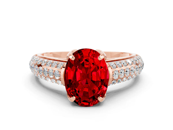 Rose gold Oval Cut Ruby Solitaire Ring with Three-Row Pavé Band and Four-Prong Setting