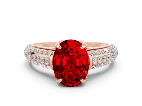 Rose gold Oval Cut Ruby Solitaire Ring with Three-Row Pavé Band and Four-Prong Setting_12