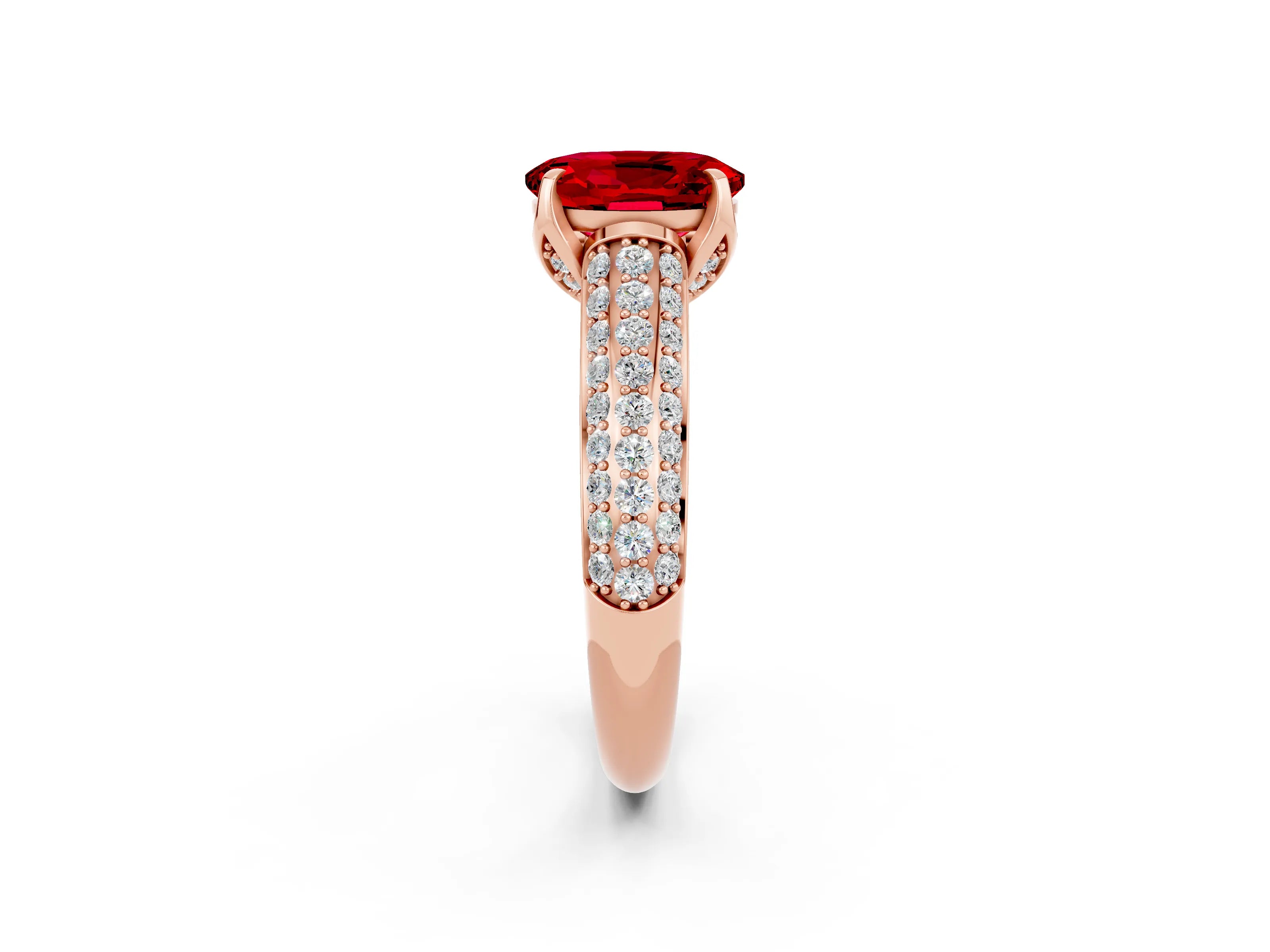 Rose gold Oval Cut Ruby Solitaire Ring with Three-Row Pavé Band and Four-Prong Setting_14