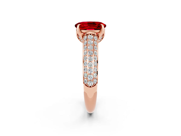 Rose gold Oval Cut Ruby Solitaire Ring with Three-Row Pavé Band and Four-Prong Setting