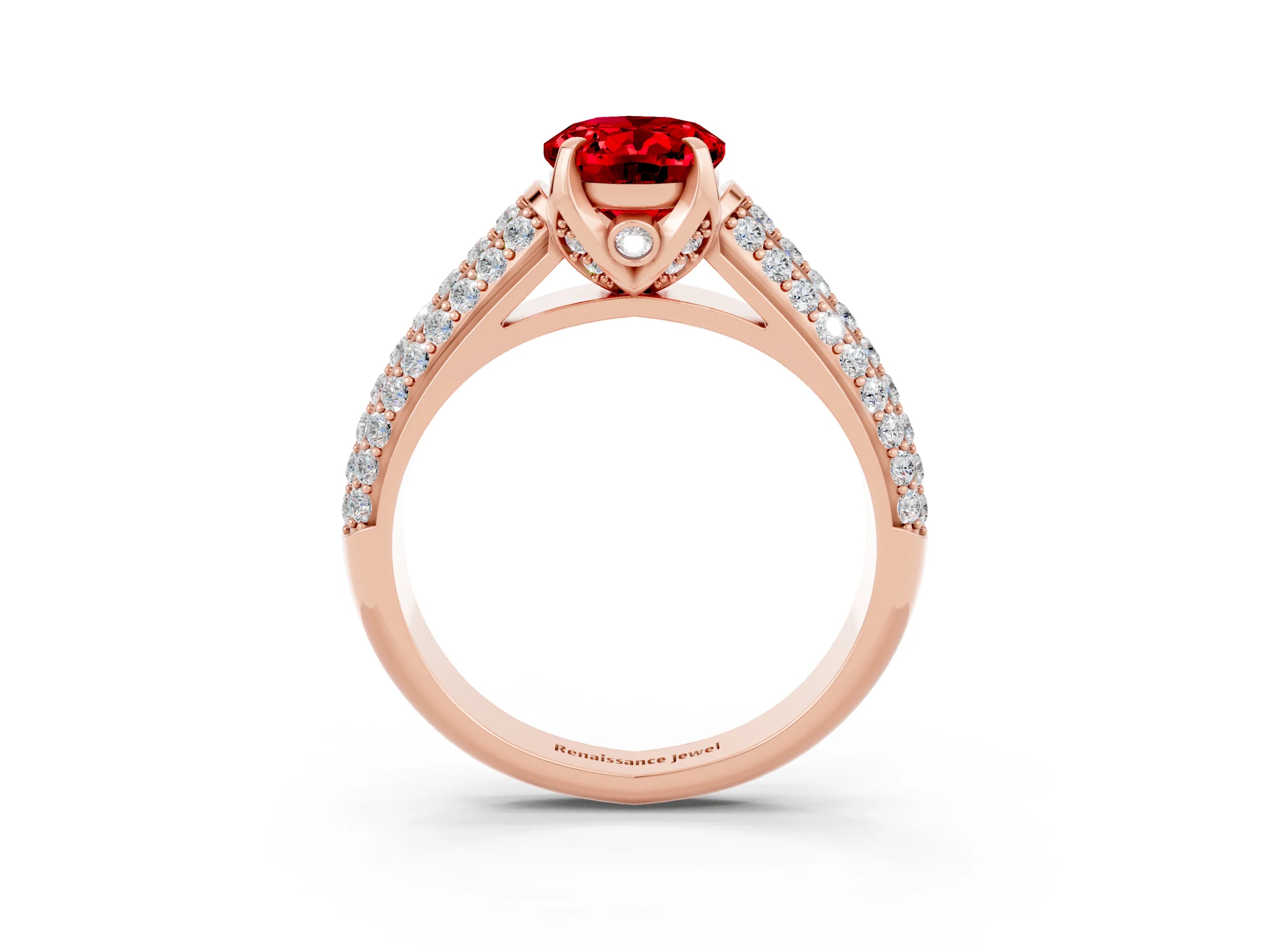 Rose gold Oval Cut Ruby Solitaire Ring with Three-Row Pavé Band and Four-Prong Setting_15