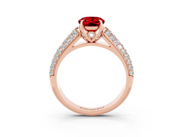 Rose gold Oval Cut Ruby Solitaire Ring with Three-Row Pavé Band and Four-Prong Setting