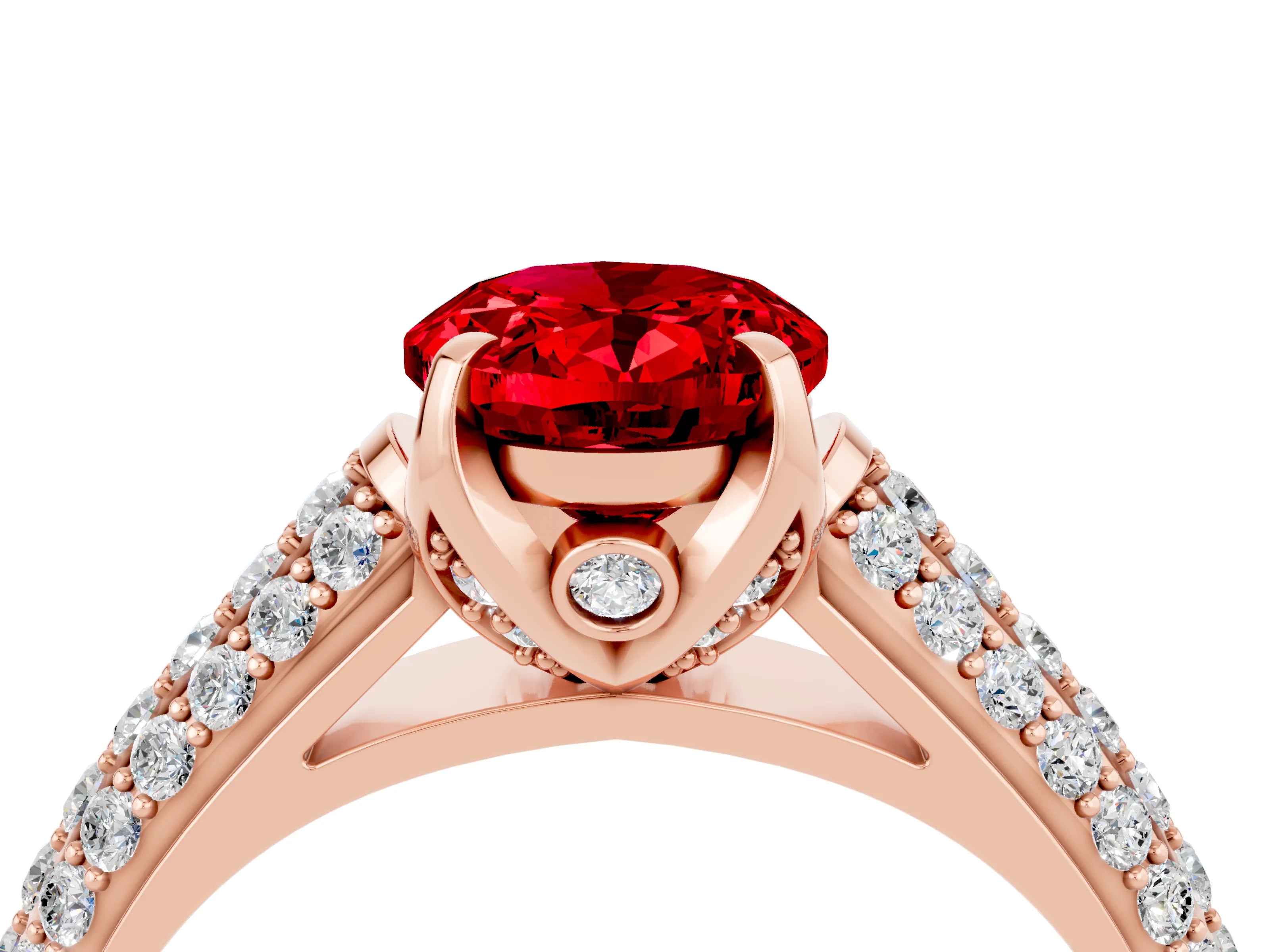 Rose gold Oval Cut Ruby Solitaire Ring with Three-Row Pavé Band and Four-Prong Setting_16