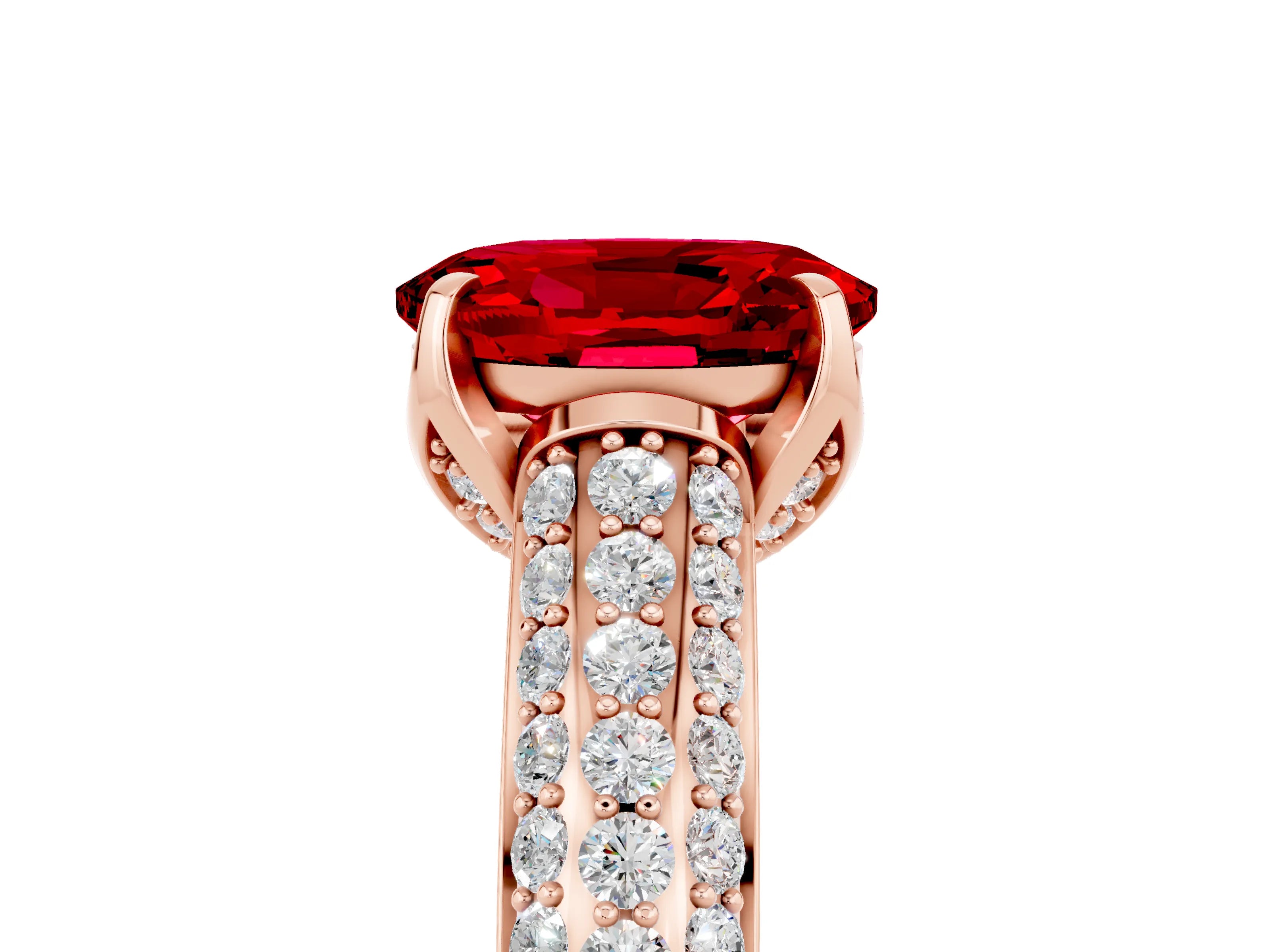 Rose gold Oval Cut Ruby Solitaire Ring with Three-Row Pavé Band and Four-Prong Setting_17