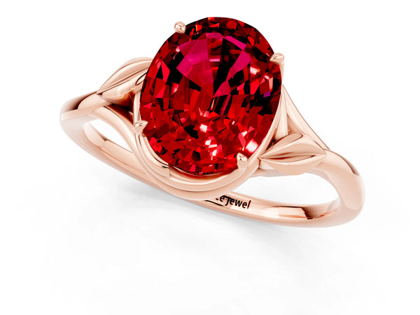 Rose gold Oval Cut Ruby Solitaire Ring with Twist Band and Four-Prong Setting
