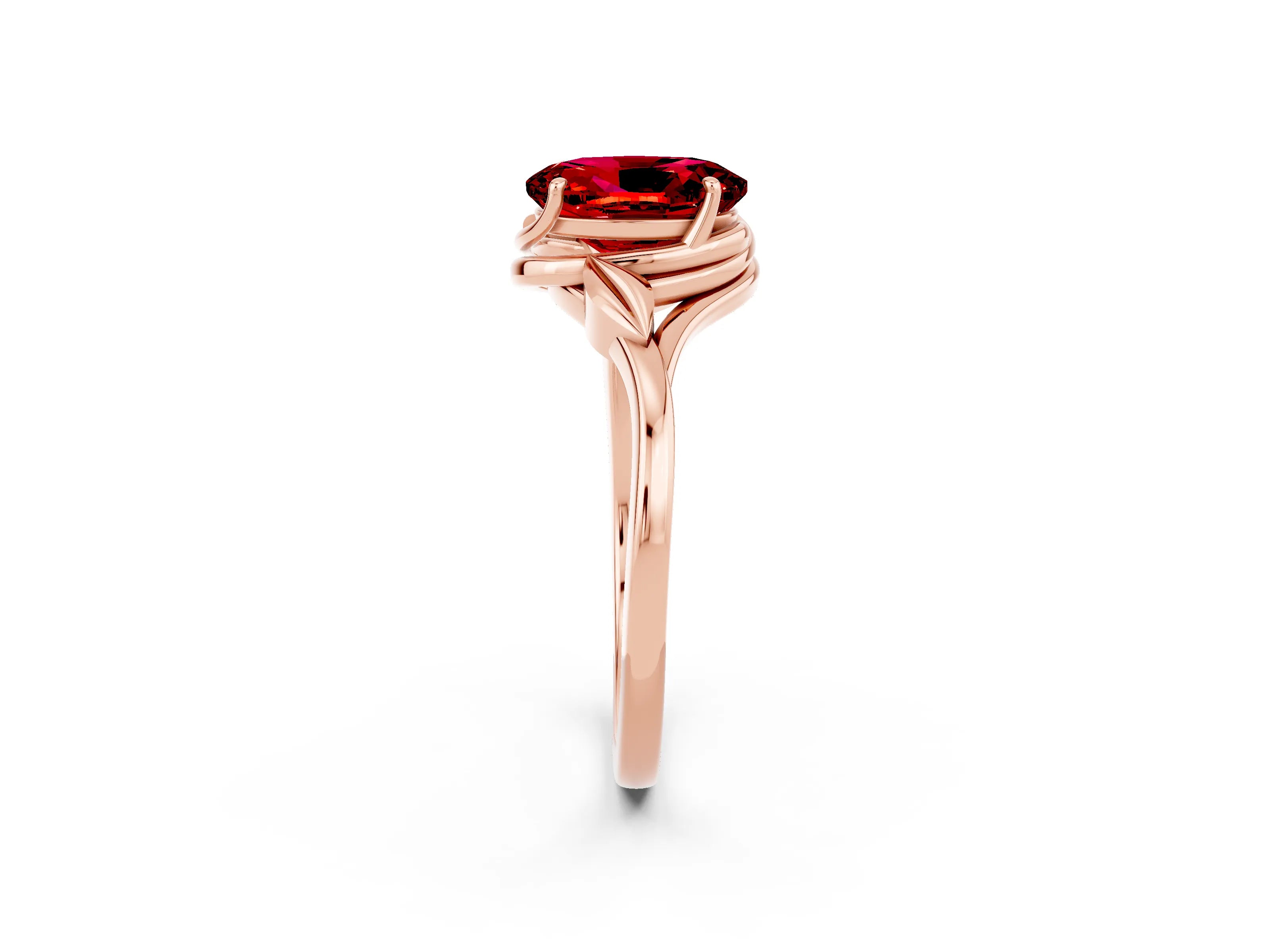 Rose gold Oval Cut Ruby Solitaire Ring with Twist Band and Four-Prong Setting_26