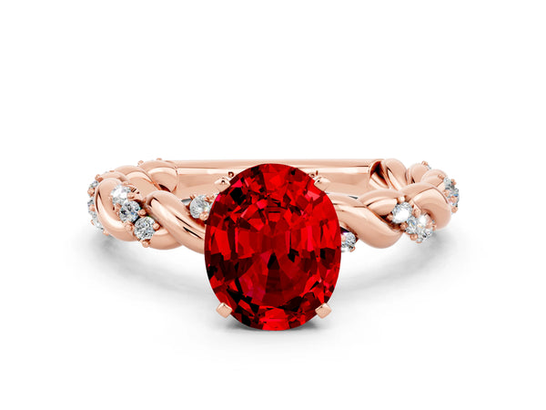 Rose gold Oval Cut Ruby Solitaire Ring with Twisted Band and Pavé Accents